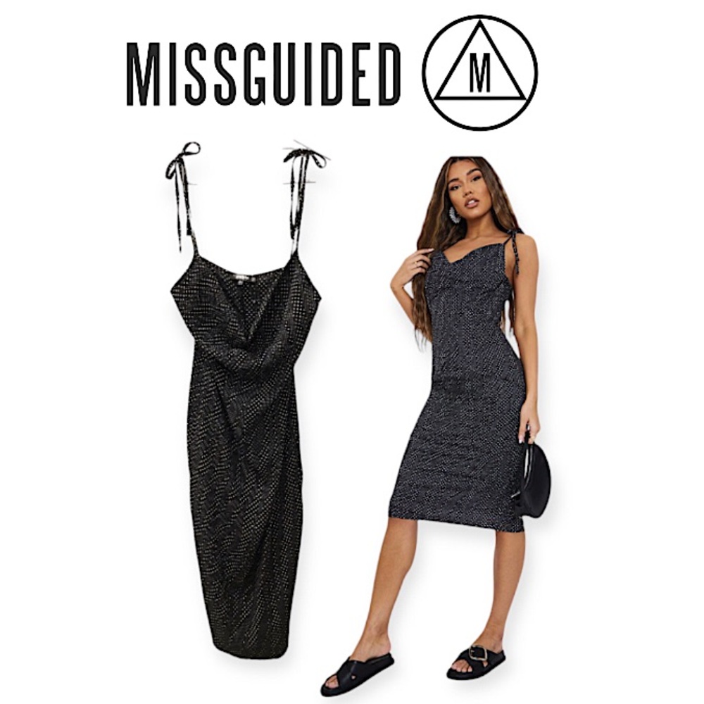 Missguided [2/US] Black Polka Dot Cowl Neck Tie Strap Midi Slip Dress EUC